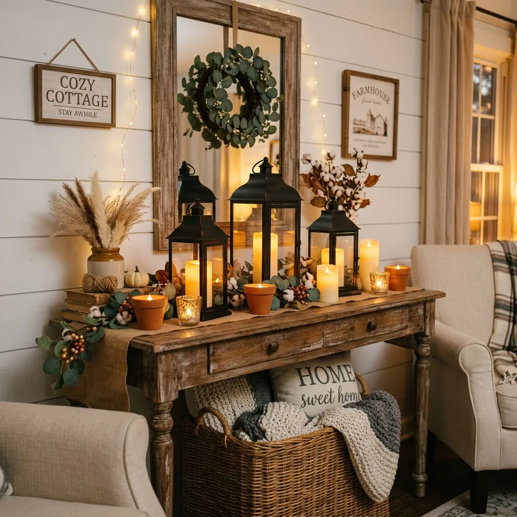 Cozy lantern corner with farmhouse decor